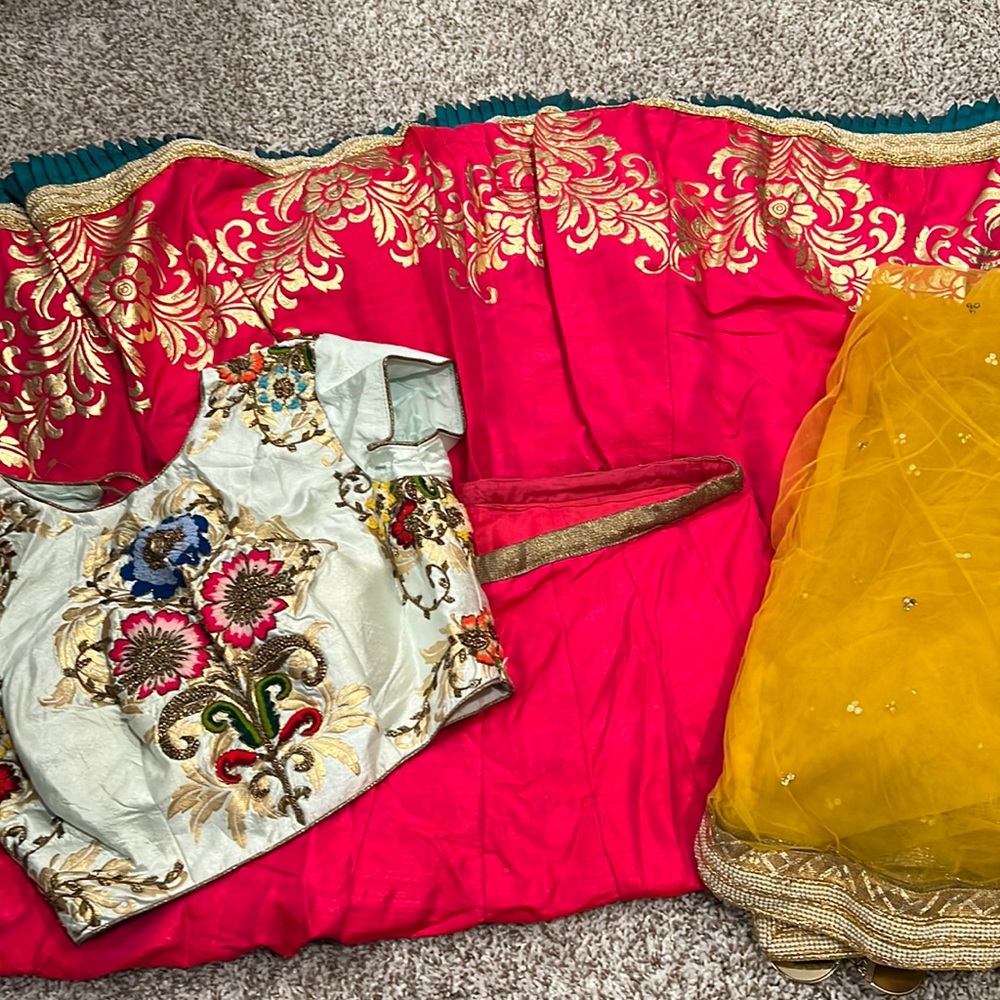 Embroidered Ivory Crop Blouse with Hot Pink and Mustard Saree Set